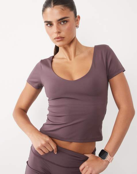 4505 – Active – Szarobrązowy T-shirt sportowy z dekoltem w kształcie litery U i wewnętrznym biustonoszem - view 1