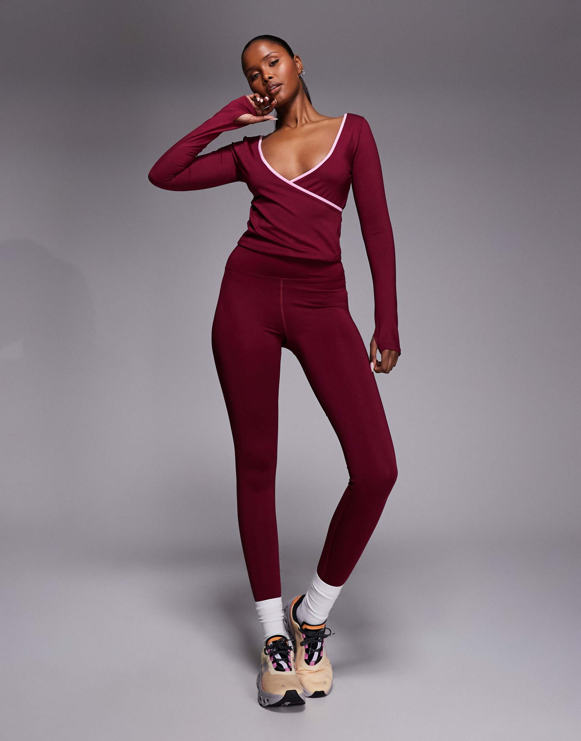 4505 active wrap v-neck long sleeve top in cherry red