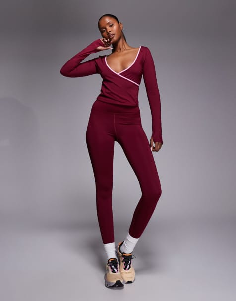 4505 active wrap V neck long sleeve top in cherry red
