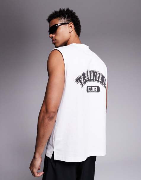 4505 back print oversized heavyweight cotton training tank with quick dry finish in white - view 1