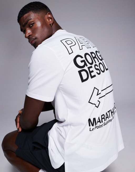 4505 – Biały szybkoschnący T-shirt sportowy oversize do biegania z dżerseju z grafiką na plecach