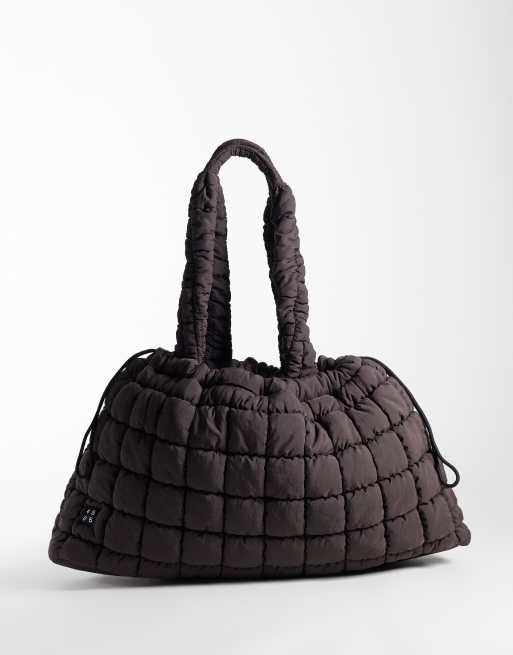 4505 borsa tote oversize trapuntata in tessuto con coulisse color cioccolato, 1 di 4