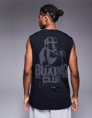 4505 Boxing back print oversized heavyweight cotton tank with quick dry finish in black