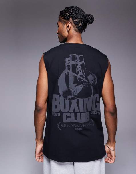 4505 Boxing back print oversized heavyweight cotton tank with quick dry finish in black - view 1