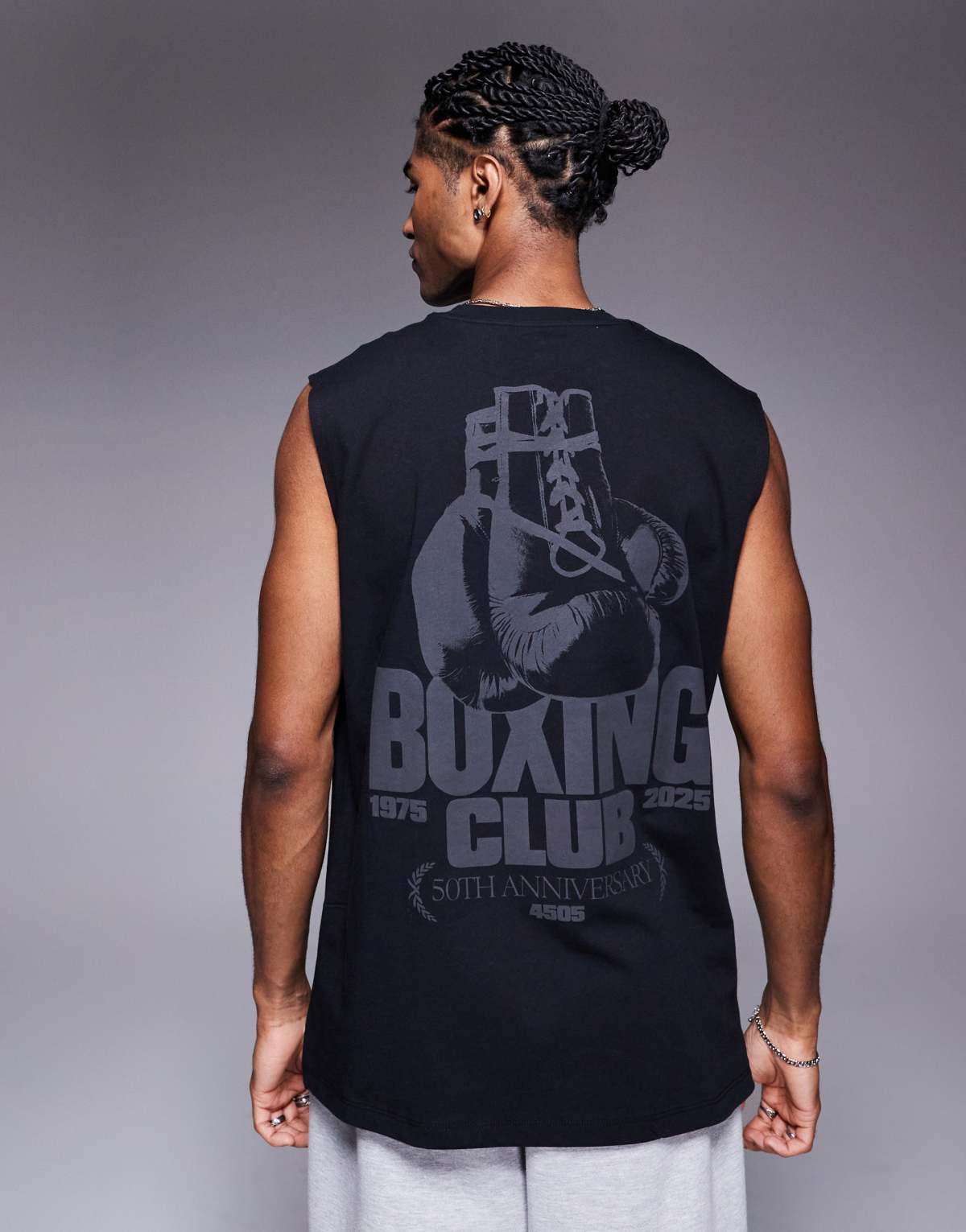 4505 Boxing back print oversized heavyweight cotton tank with quick dry finish in black