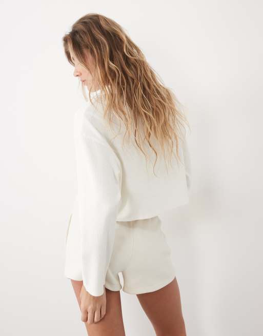 4505 boxy crop long sleeve top in waffle fabric in cream, 3 of 4