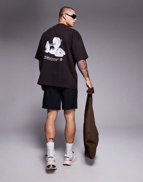 4505 – Brązowy szybkoschnący gruby bawełniany T-shirt oversize z grafiką na plecach - view 1