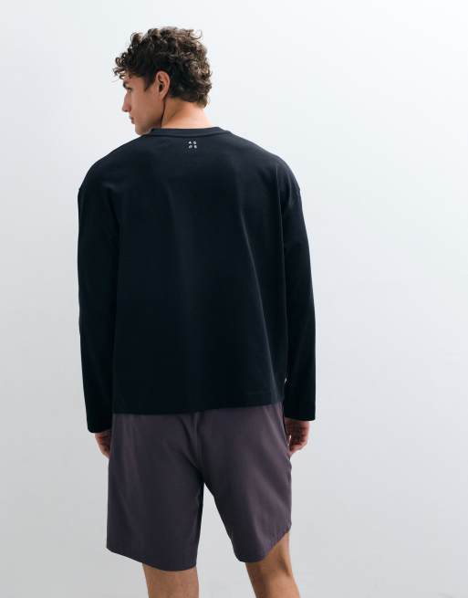 4505 camiseta de manga larga de algodón grueso, corte boxy encogido, con acabado de secado rápido en negro, 5 de 5