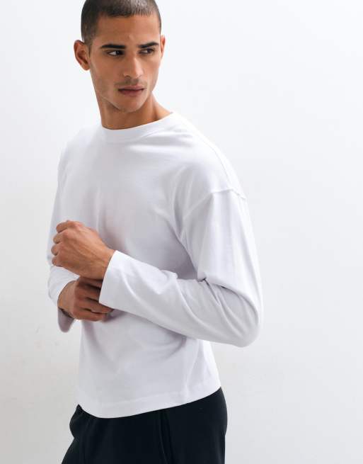 4505 camiseta de manga larga de algodón grueso, corte boxy y corto, con acabado de secado rápido en blanco, 3 de 5