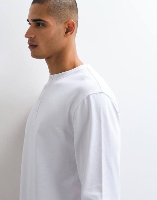 4505 camiseta de manga larga henley de algodón grueso de corte boxy con acabado de secado rápido en blanco, 3 de 5