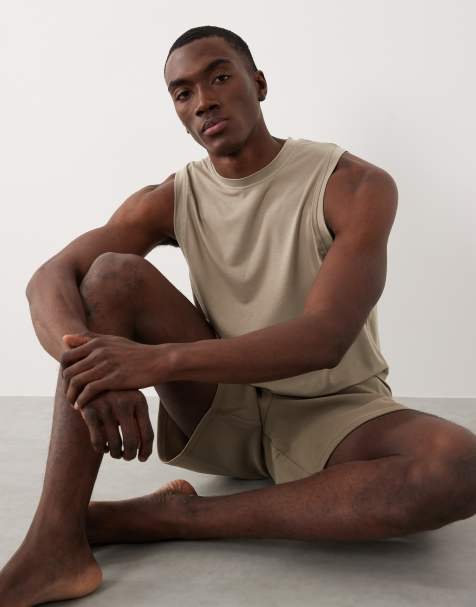 4505 - Camiseta deportiva beis grisáceo sin mangas con sisas caídas de punto de secado rápido para yoga - view 1