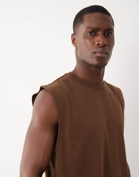 4505 - Camiseta deportiva marrón claro lavado extragrande sin mangas con acabado de secado rápido de algodón Icon - view 1
