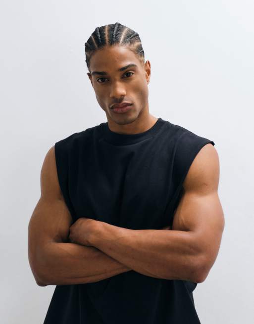 4505 - Camiseta deportiva negro lavado sin mangas con bajo sin rematar de algodón de secado rápido, 5 de 5