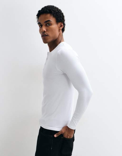 4505 camiseta henley acanalada sin costuras, ajustada, de manga larga, blanca, 3 de 5