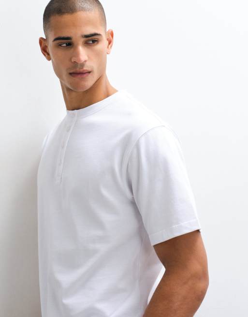 4505 camiseta henley de algodón grueso de corte cuadrado con acabado de secado rápido en blanco, 3 de 5