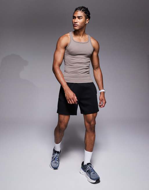 4505 - Canotta da allenamento color pietra a coste slim fit senza cuciture e con scollo squadrato, 2 di 5