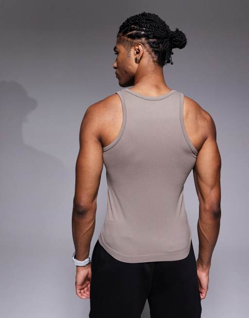 4505 - Canotta da allenamento color pietra a coste slim fit senza cuciture e con scollo squadrato, 3 di 5