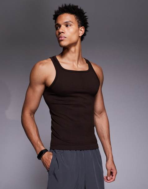 4505 - Canotta da allenamento color uvetta a coste senza cuciture slim fit con scollo squadrato - view 1