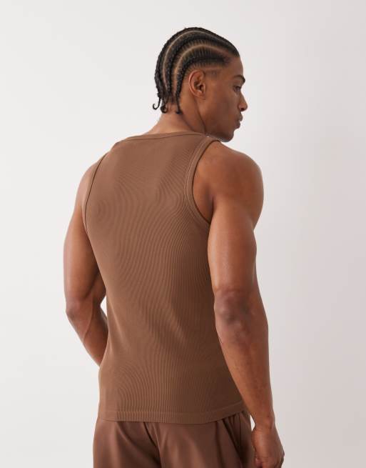 4505 - Canotta da allenamento marrone a coste slim fit senza cuciture e con scollo squadrato, 3 di 5