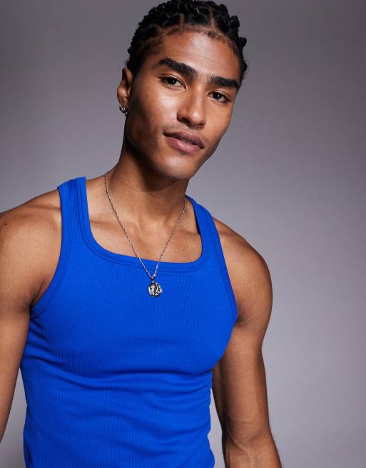 4505 - Canotta da allenamento slim fit blu cobalto a coste senza cuciture con scollo squadrato, 3 di 4