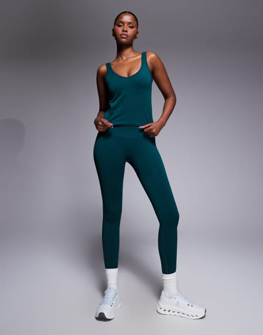 4505 - Canotta senza cuciture con reggiseno interno e scollo a V verde-azzurro scuro, 2 di 4