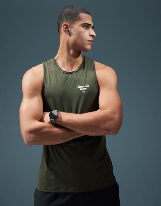 4505 chest graphic racer back mesh running tank top in khaki green , 4 of 4