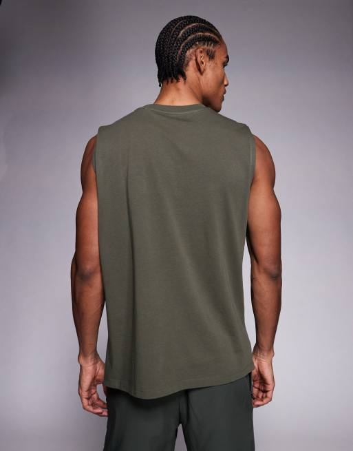 4505 cotton oversized pump training tank top with chest graphic and quick dry finish in washed khaki green, 3 of 5