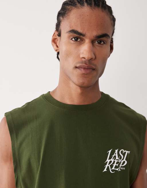 4505 cotton oversized pump training tank top with chest print and quick-dry finish in washed khaki, 4 of 5