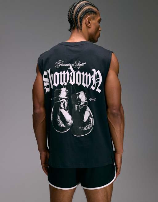4505 cotton oversized pump training tank with boxing graphic and quick dry finish in black, 2 of 5