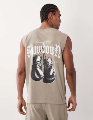 4505 Cotton Oversized Pump Training Tank With Boxing Graphic And Quick Dry Finish In Neutral