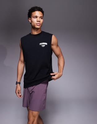 4505 Cotton Oversized Pump Training Tank With Chest Graphic And Quick Dry Finish In Black