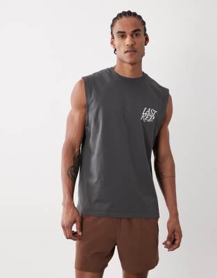 4505 Cotton Oversized Pump Training Tank With Chest Print And Quick Dry Finish In Gray