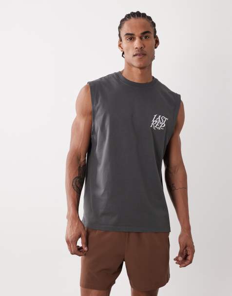 4505 cotton oversized pump training tank with chest print and quick dry finish in washed gray - view 1