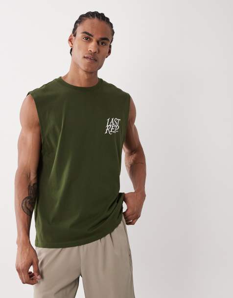 4505 cotton oversized pump training tank with chest print and quick dry finish in washed khaki - view 1