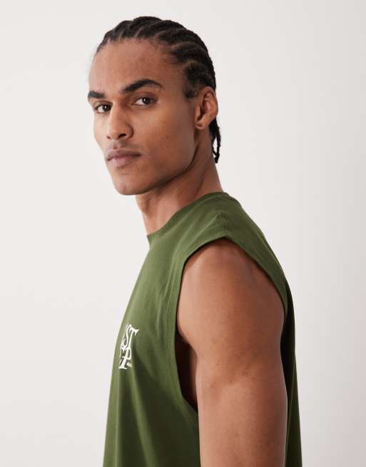 4505 cotton oversized pump training tank with chest print and quick dry finish in washed khaki, 3 of 5