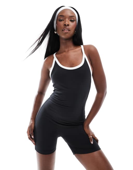 4505 Court tennis contrast trim soft touch romper with shelf bra in black 