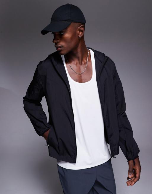 4505 crinkle nylon hooded lightweight running jacket in black