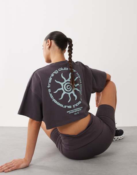 4505 - Cropped grå T-shirt i kraftig forvasket bomuld med rygprint - view 1