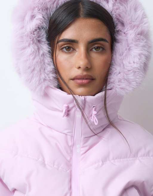 4505 cropped isolierte Ski-Bomberjacke mit Faux-Fur-Kapuze in Bubblegum, 3 von 5