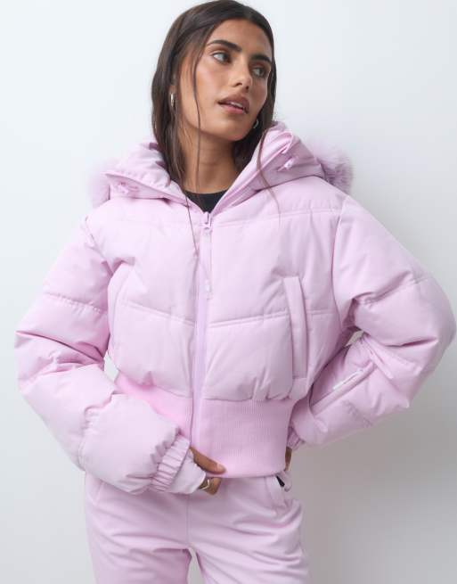 4505 cropped ski-bomberjakke med vattering og hætte i imiteret pels i bubblegum, 2 af 5