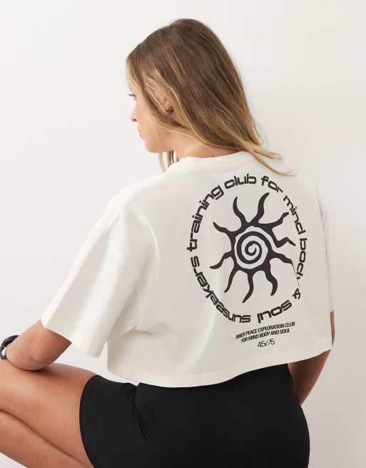 4505 – Cropped-T-Shirt aus schwerer Baumwolle in Vintage-Weiß mit Rückenprint