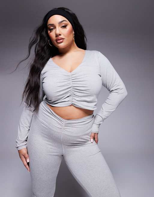 4505 Curve - Active - Top a maniche lunghe color grigio mélange arricciato sul davanti 