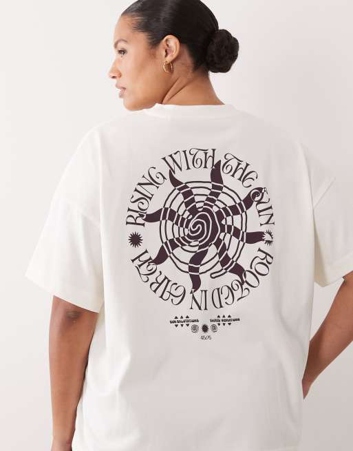 4505 Curve camiseta oversize de algodón grueso con estampado solar en la espalda en blanco vintage