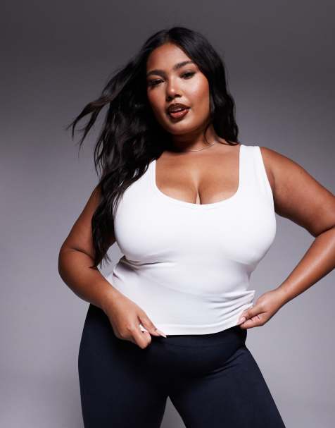 4505 Curve - Canotta liscia senza cuciture color pergamena con scollo a V e reggiseno interno - view 1