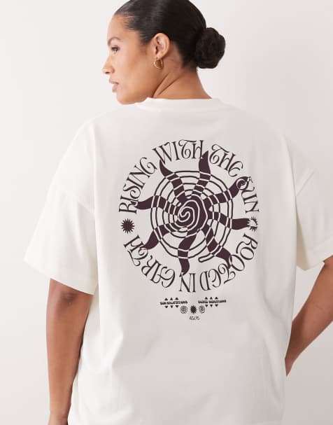 4505 Curve ciężki bawełniany oversize T-shirt z nadrukiem słońca na plecach w kolorze vintage white - view 1