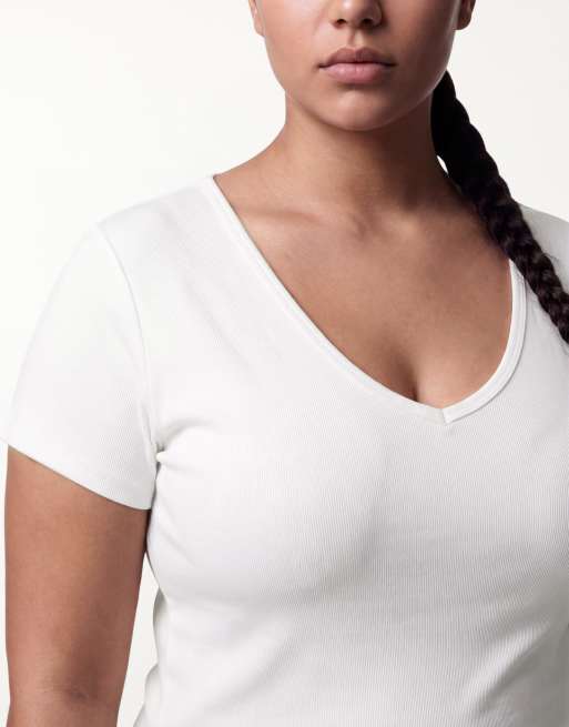 4505 Curve - Hvid performance-T-shirt i mikro-ribstrik med V-hals, 4 af 4