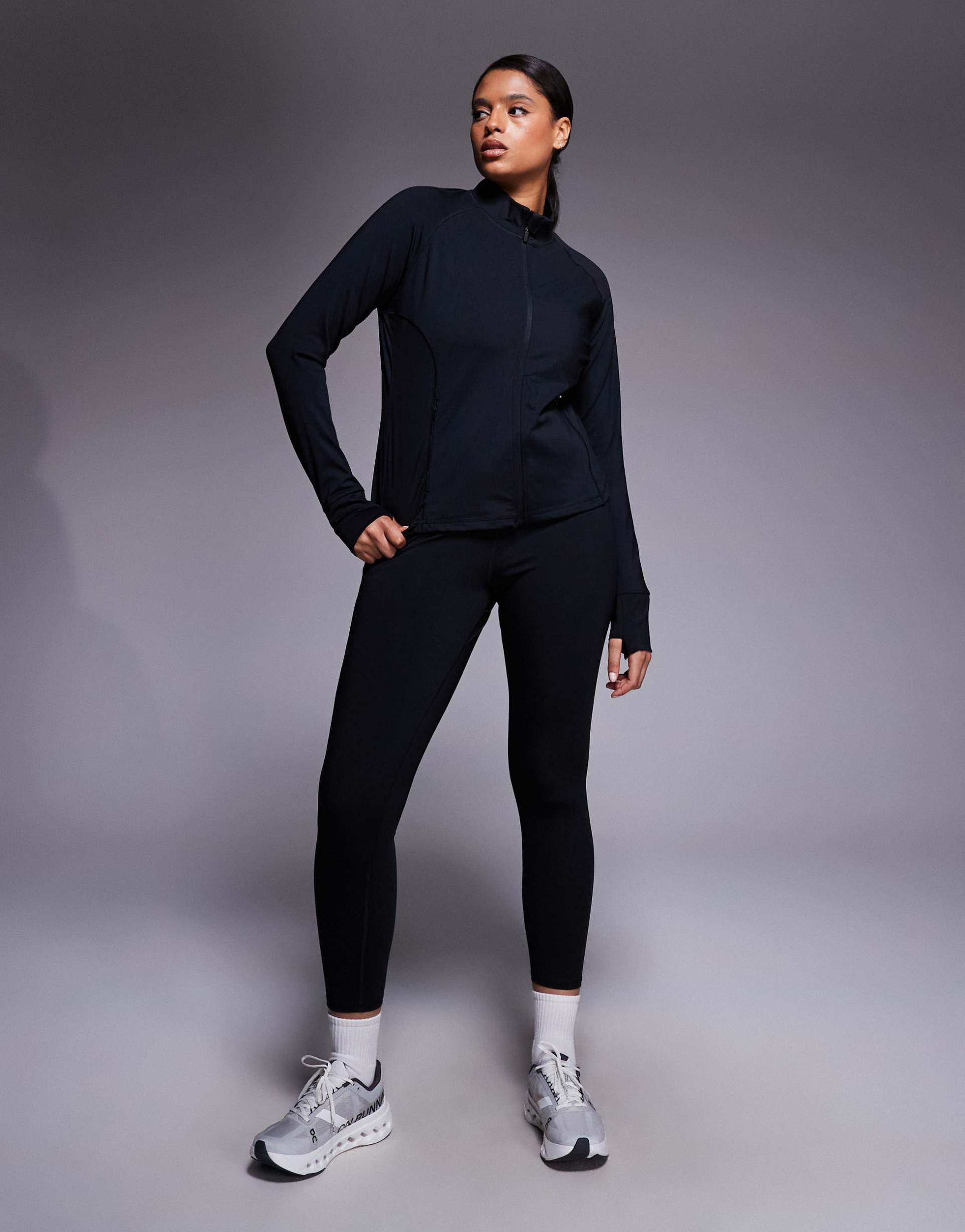 4505 curve icon active zip up sculpting long sleeve jacket with zip pockets in black