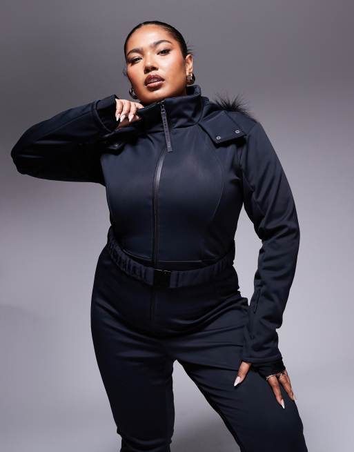 ASOS 4505 Curve Icon belted ski suit with slim kick leg and faux fur hood in black