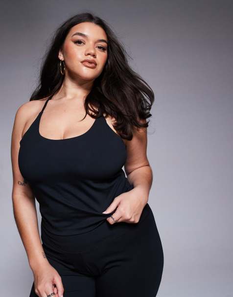 4505 Curve Icon soft touch yoga cami singlet with inner bra in black - view 1
