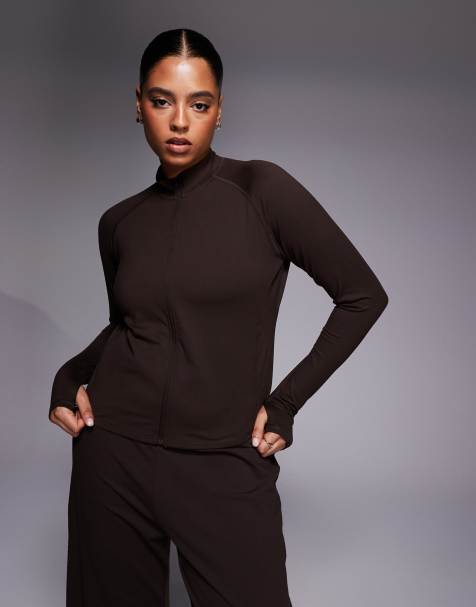 4505 Curve Icon soft touch zip up long sleeve performance top in chocolate - view 1